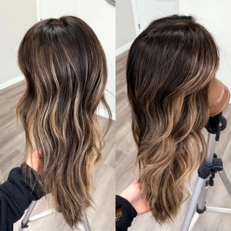 

26-дюймовый темно-коричневый омбре с медовыми блондинками, полосками, мелирование HD, невидимый синтетический парик спереди, бесклеевая предварительно выщипанная линия волос