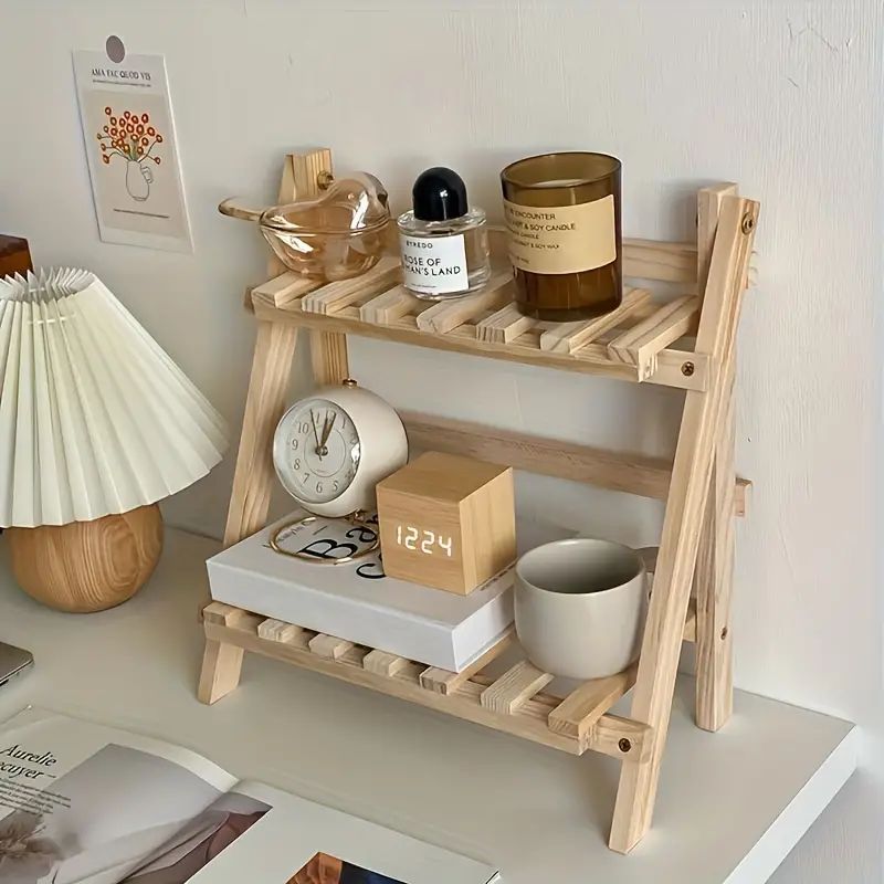  1pc Wooden Storage Shelf 2-Tiers Desktop Organizer Shelves Trapezoidal Desk Display Rack Desktop Stationary Office Storage Rack 
