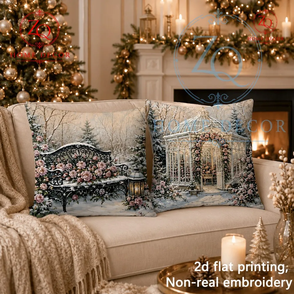 Winter Rose Flower Room mosphere Pillowcase Retro Iron Bench Snow Scene Print St Furnishings Home Cushion Cover Christmas