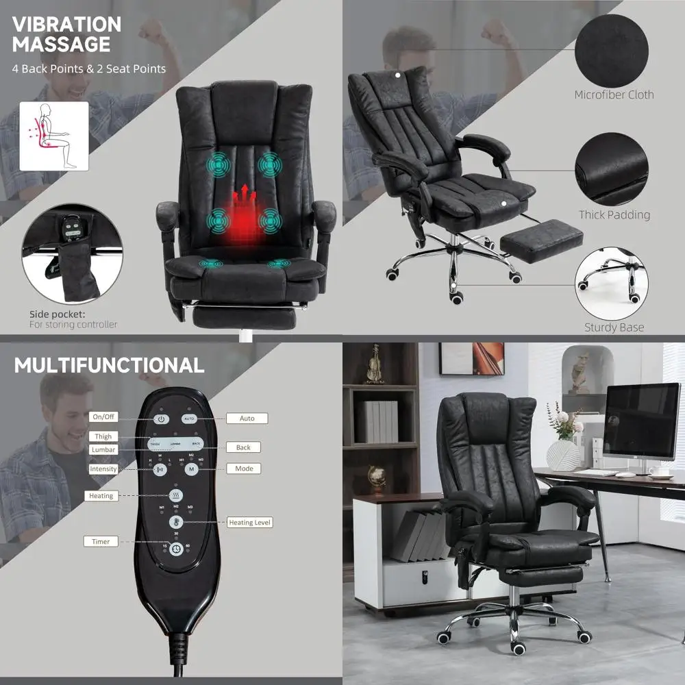 

6-Point Vibration Massage Chair with Heat, High Back Ergonomic Recliner, Adjustable Height and Footrest, Black