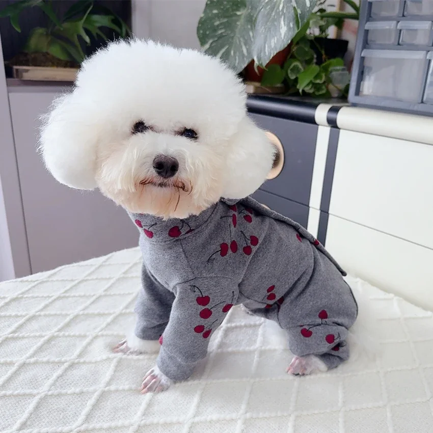 Pure Cotton Gary Pet Dog Clothes Fashion Casual Outerwear Red Cherry Print Four Feets Jumpsuits For Small Medium Dogs Chihuahua