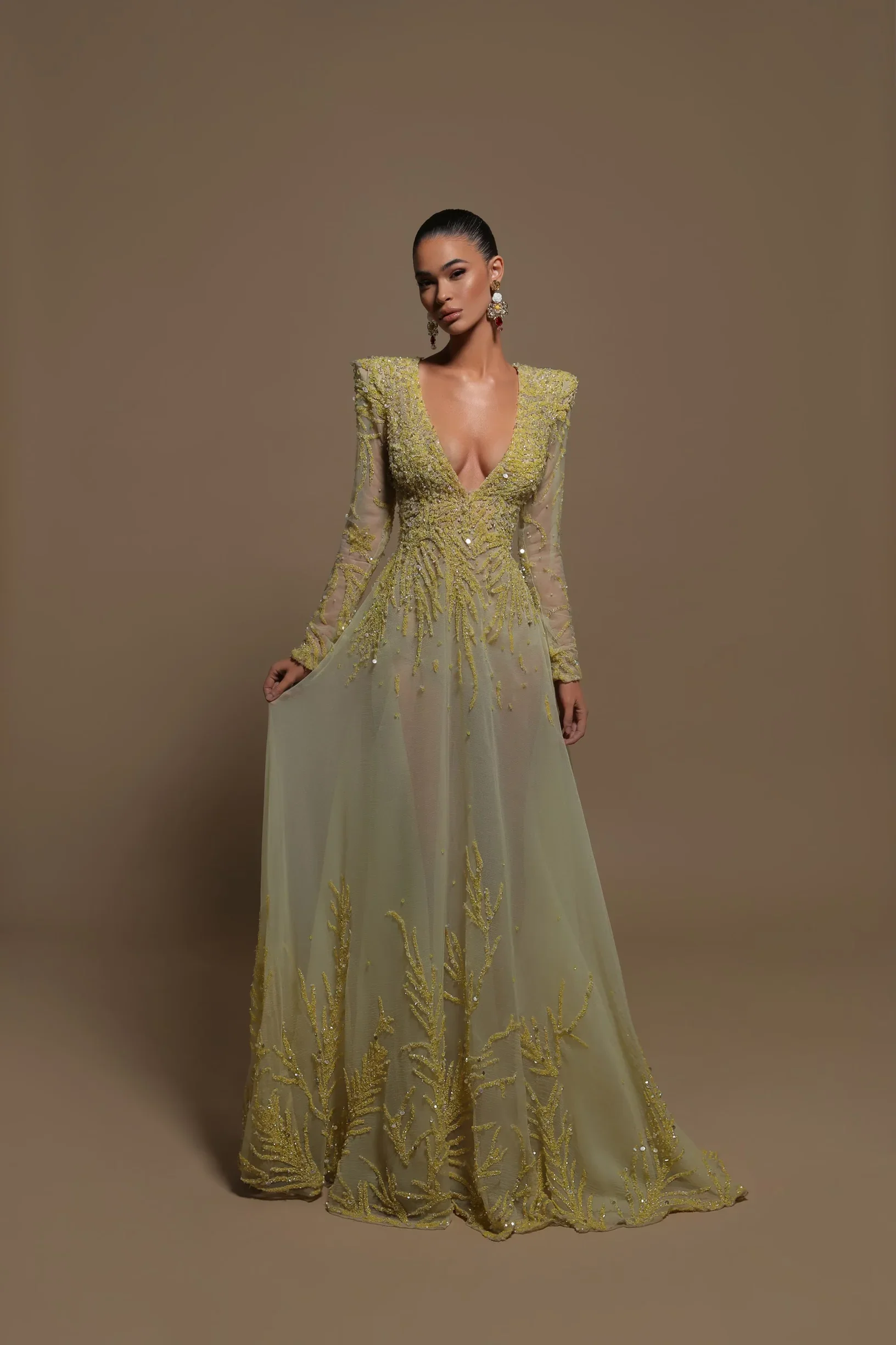 

Hot Sale V Neck Long Sleeves Beaded A-line فساتين السهرة vestidos de fiesta فساتين سهره evening Dresses