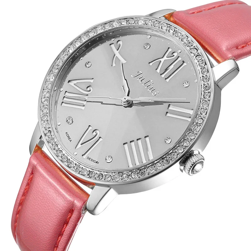 Rhinestones Women's Watch Japan Quartz Hour Fine Fashion Bracelet Luxury Real Leather Clock Girl's Birthday Gift Julius No Box