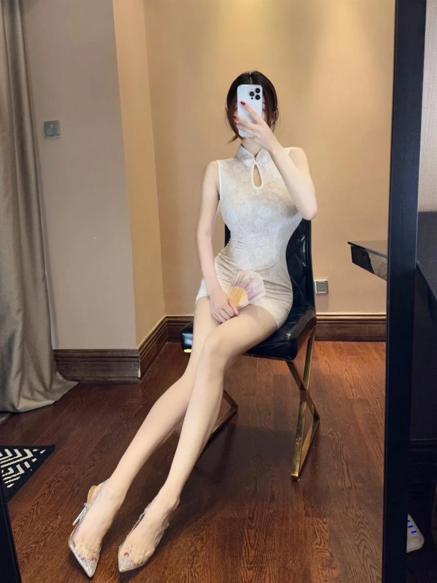 KING BRAND Retro Chińska Spódnica z Wycięciami, Biała, Dopasowana, Obcisła, Letnia Ciwalk