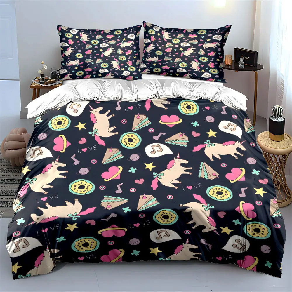 Cute unicorn and dessert pattern background Print Bedding set 3PC 1 duvet cover 2 pillowcases adult and children bedding set