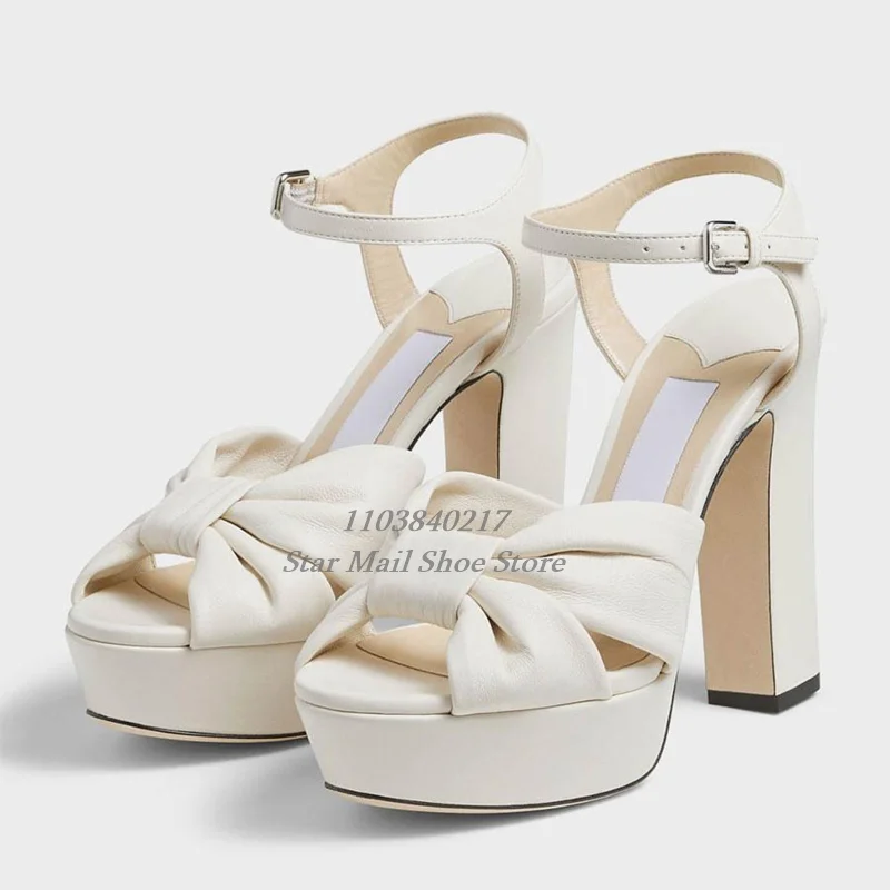 Knotted Strap Platform Sandals Round Toe Peep Toe Chunky Heel Super High Heels Ankle Strap Buckle Women Elegant Dress High Heels