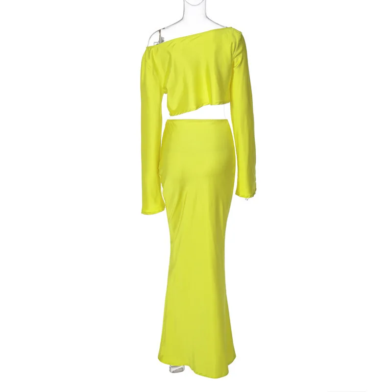 

Slant shoulder long sleeved short cut crop exposed short sleeved irregular satin long skirt solid color half skirt autumn