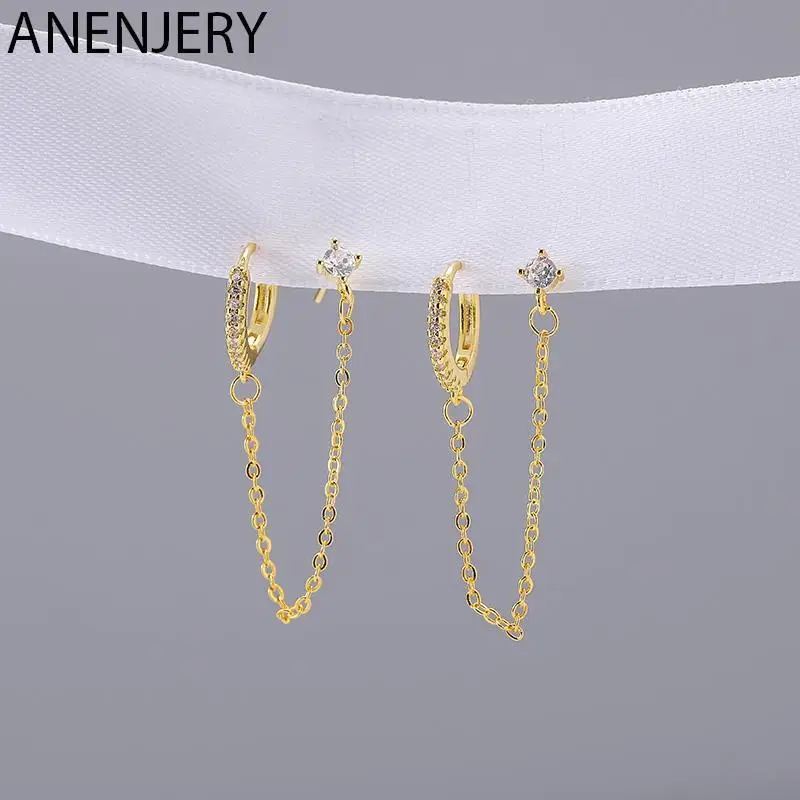 ANENJERY Micro Zircon Double Pierced Hoop Earrings For Women Creative Chain Earrings Party Jewelry