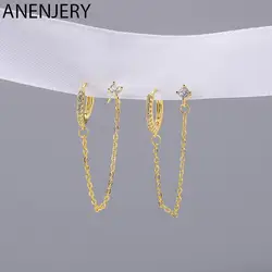 ANENJERY Micro Zircon Double Pierced Hoop Earrings For Women Creative Chain Earrings Party Jewelry
