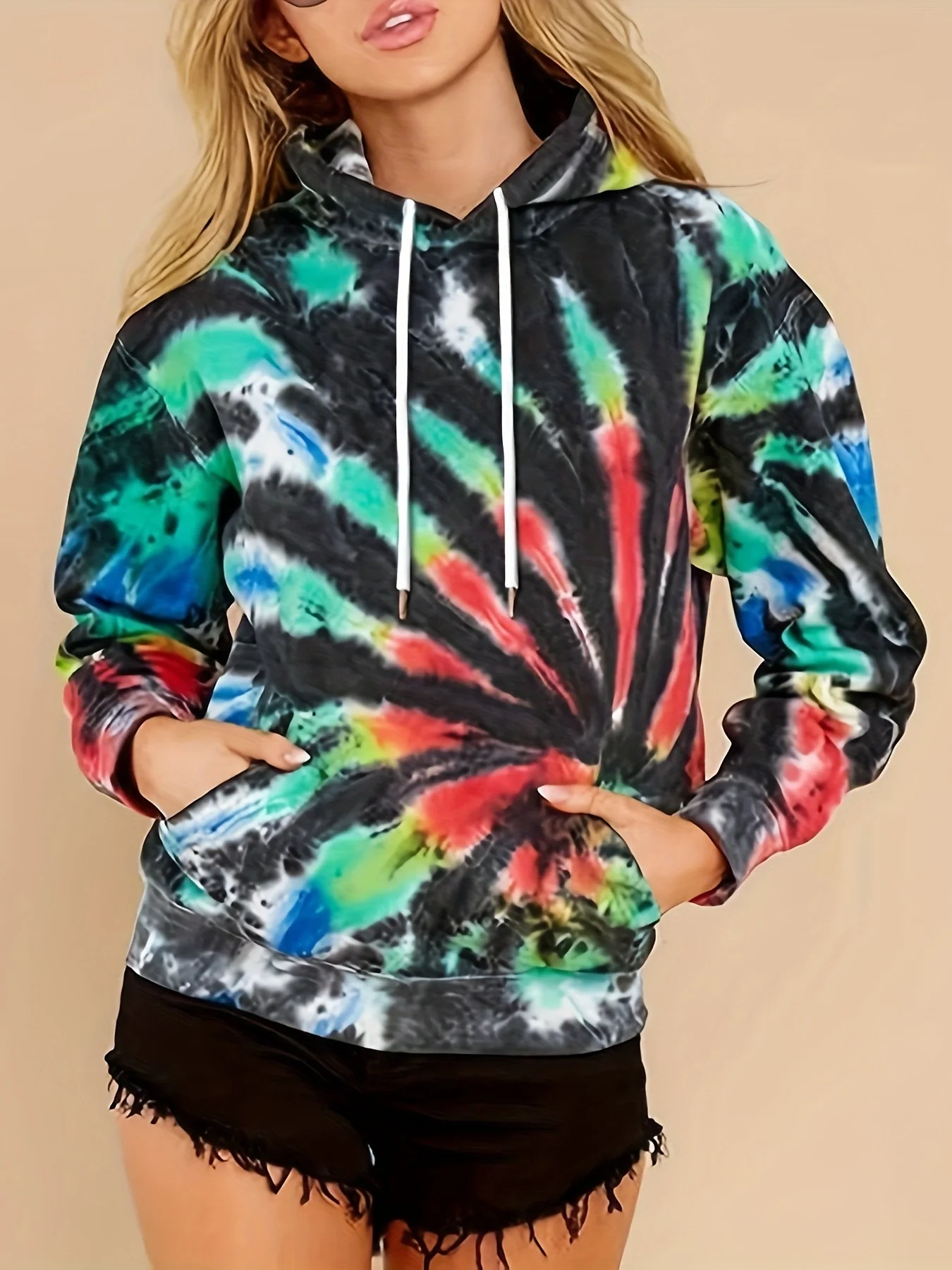 2024 Amazon Wish Cross border Spring, Autumn, and Winter New Women\'s Top Tie Dyed Hooded Long Sleeve Pocket Sweater for Europe a