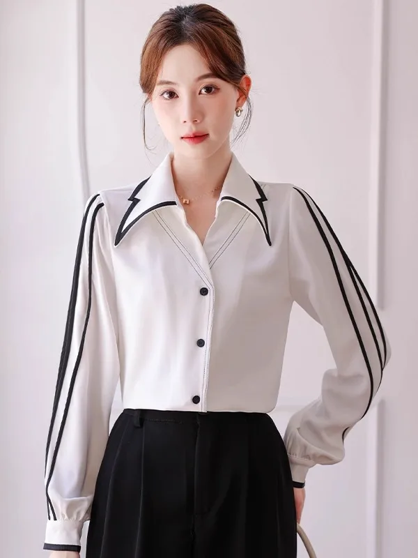 

Elegant White Long Sleeve Shirt Premium Feel Spring Autumn Winter Women's Design Top Loose Fit Polyester Blend Breathable