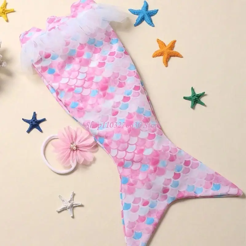 R6FD Photoshooting Props for Baby Shower Gift Newborn Costume Flower Headband & Mermaids Romper Photography Clothing 2PCS