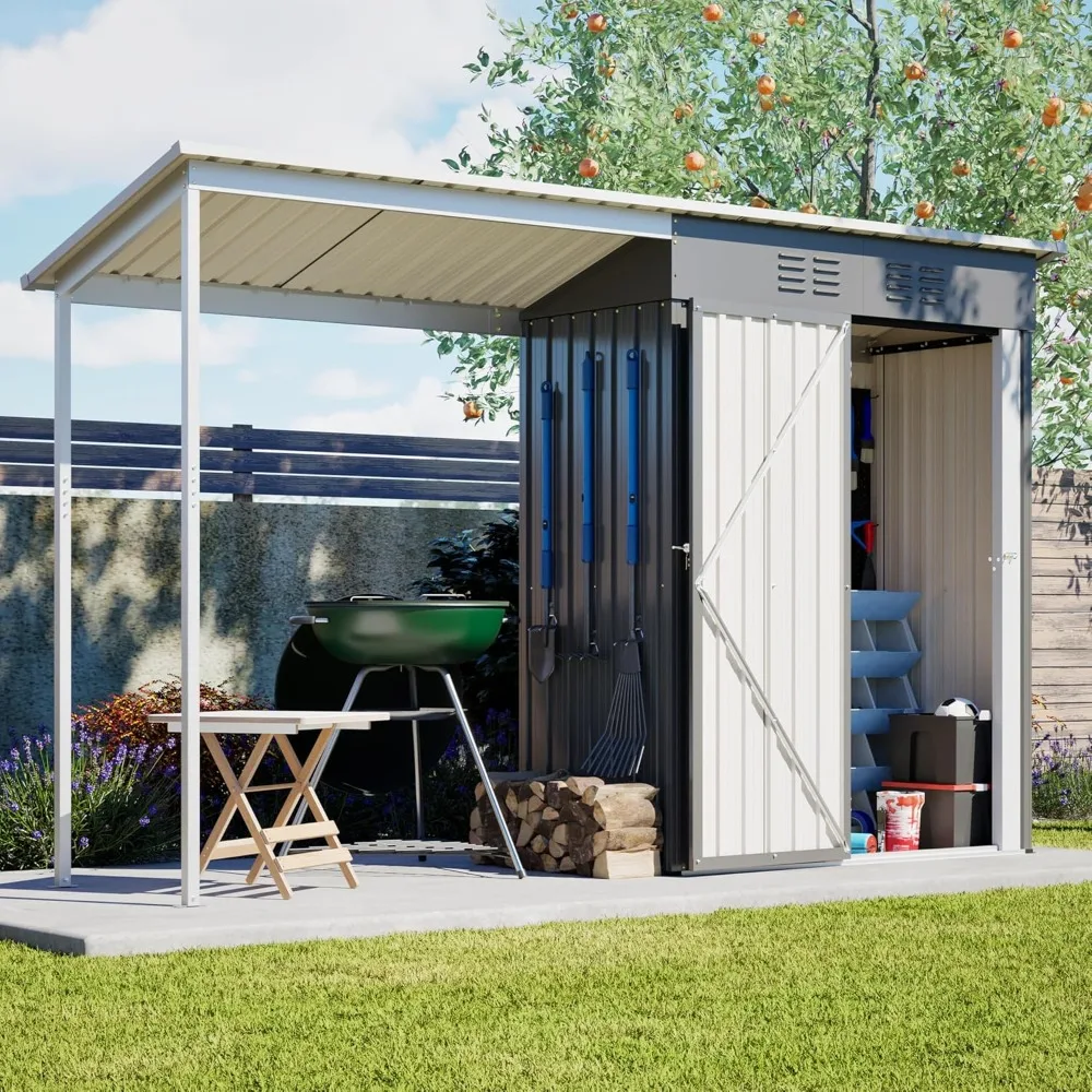 

5x3FT Outdoor Storage Shed & Hardtop Gazebo Combo, 10x3FT Metal Lean to Shed with Open-Sided Pergola, Customized