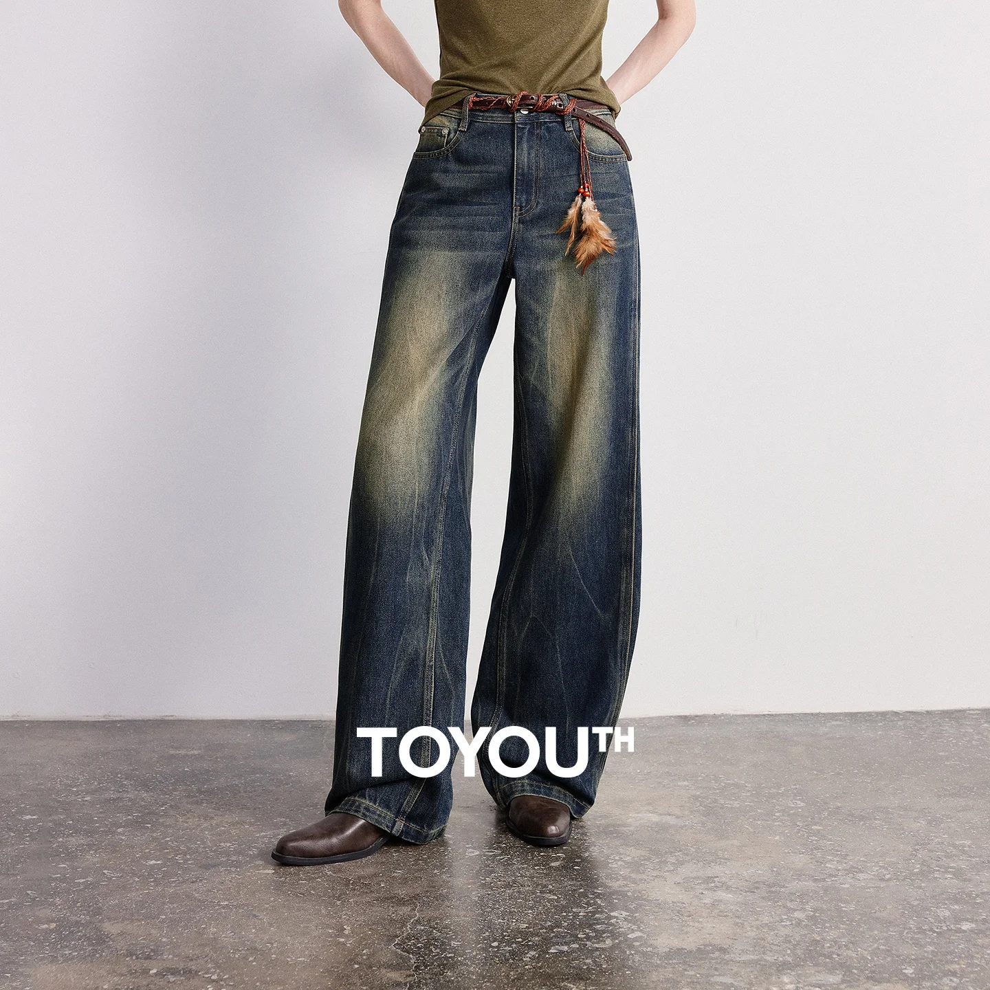 TOYOUTH Women Denim Jeans 2026 Spring New Acetate Curved Knife Wide Leg Pants