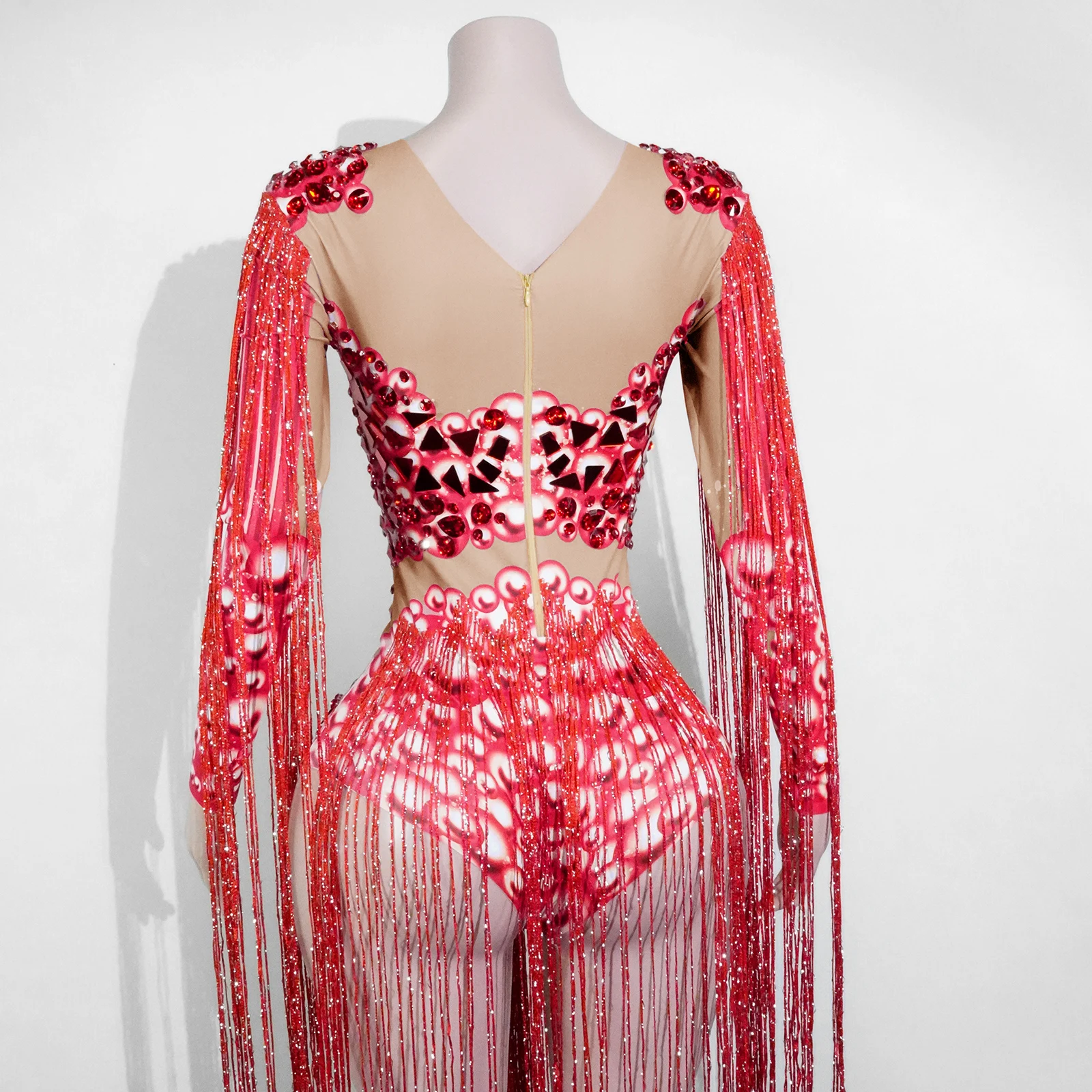 Błyszczący Czerwony Kombinezon z Frędzlami z Cyrkonii, Strój do Tańca z Efektem Lustra, Kostiumy dla Showgirl, Strój Drag Queen, Strój Gogo na Występy, Kostium na Scenę do Klubu Nocnego