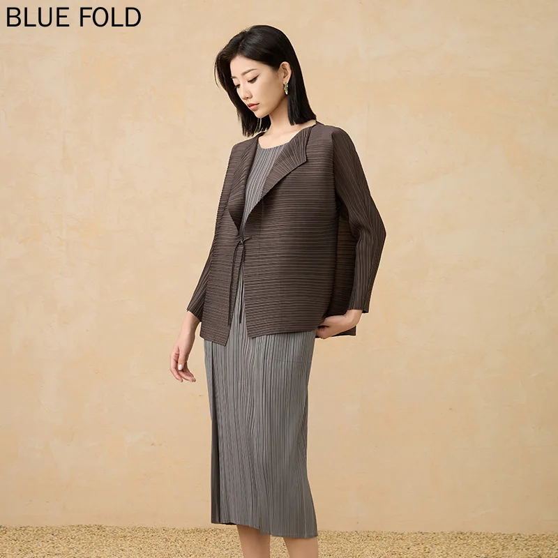 Miyake Pleated Jacket New Autumn and Winter High-end Long-sleeved Lapel Tie Jacket Large Size Loose Fluffy PLEATS Top Shirt