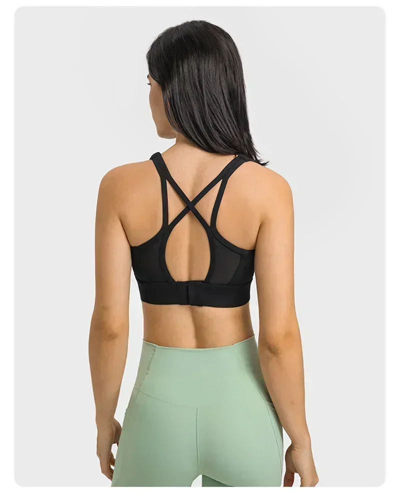 Lemon-Soutien-gorge de sport à fort impact pour femme, rembourré, croisé dans le dos, haut de yoga, sous-vêtements sexy, insertion en maille, course à pied, fitness, fermeture à crochet et yeux