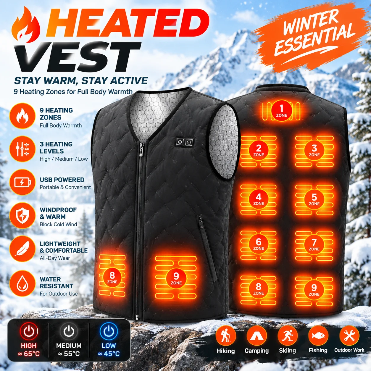 New V Neck 9 Zones Heated Vest for Men Women USB Electric Heating Vest Dual Control Winter Warm Bodywarmer for Outdoor Sports