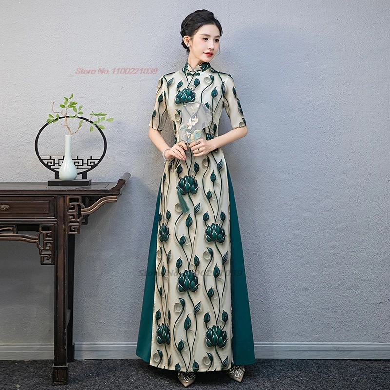 

2024, вьетнамское традиционное платье aodai, улучшенное Cheongsam с национальным цветочным принтом, Ципао, сценическое платье, восточное вечернее платье, платье