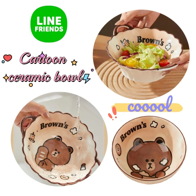 

Line friends Brown Creative High Beauty Value Household Ceramic Bowl Cartoon Cute Simple Double Ear Bowl Yogurt Salad Ear Bowl