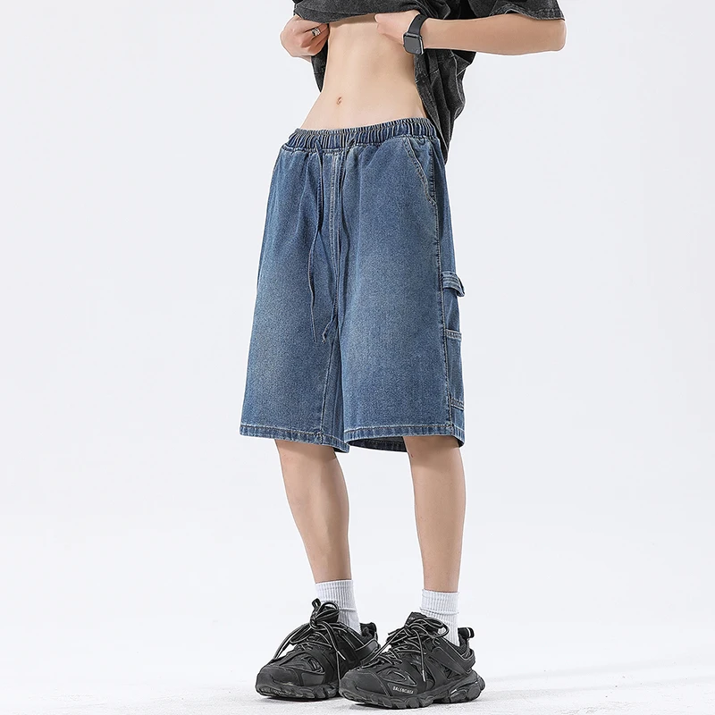 Men's Casual Denim Shorts Summer New Elastic Waist Loose Straight Comfortable Jeans Harajuku Wide Male Drawstring Short Pants