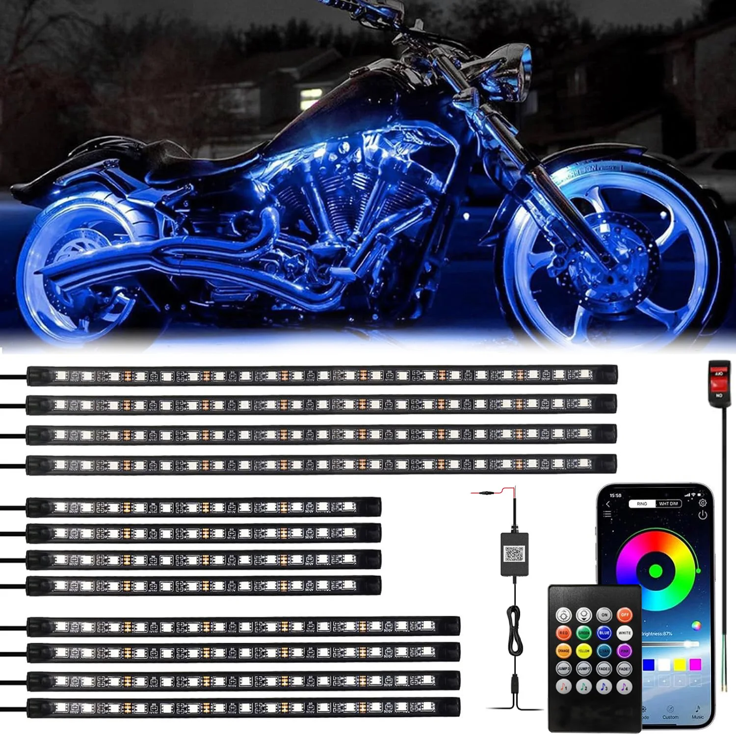 8in1 New Motorcycle Atmosphere Underglow Lights LED Light RGB Decorative Lights App Remote Control Underbody Ambient Strip