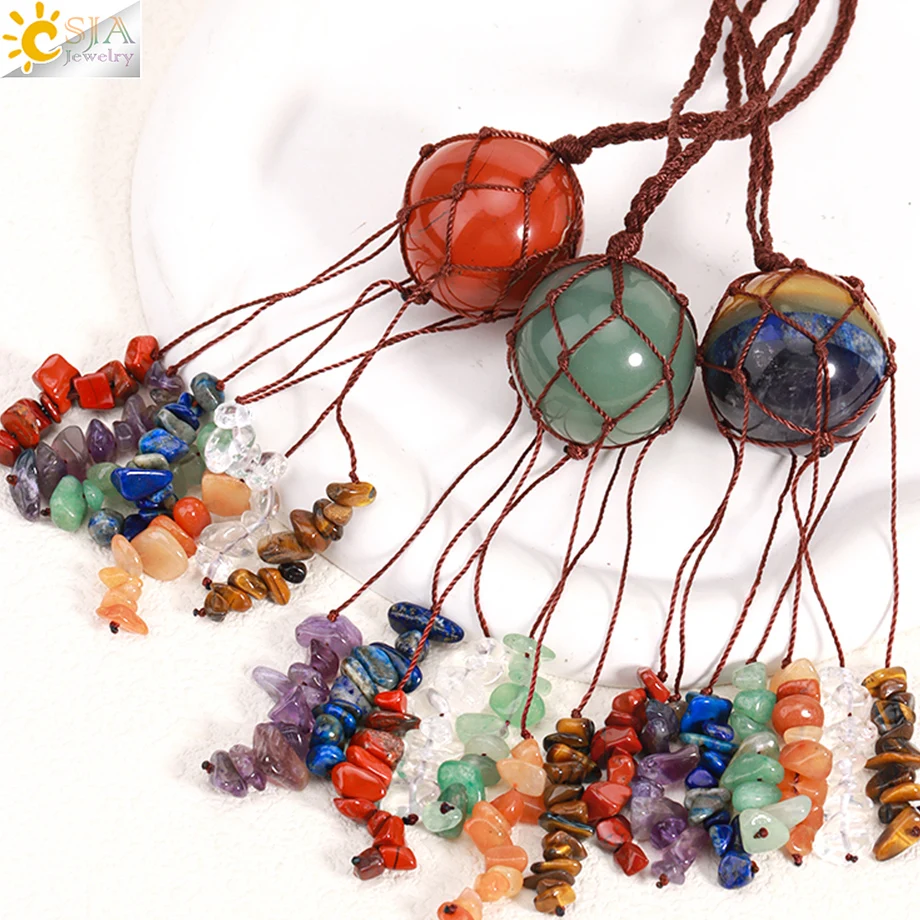 7 Chakra Natural Stone Car Hanging 30mm Round Bead Healing Crystal Chip Beads Tassel Pendant Home Window Wall Decor Jewelry H303