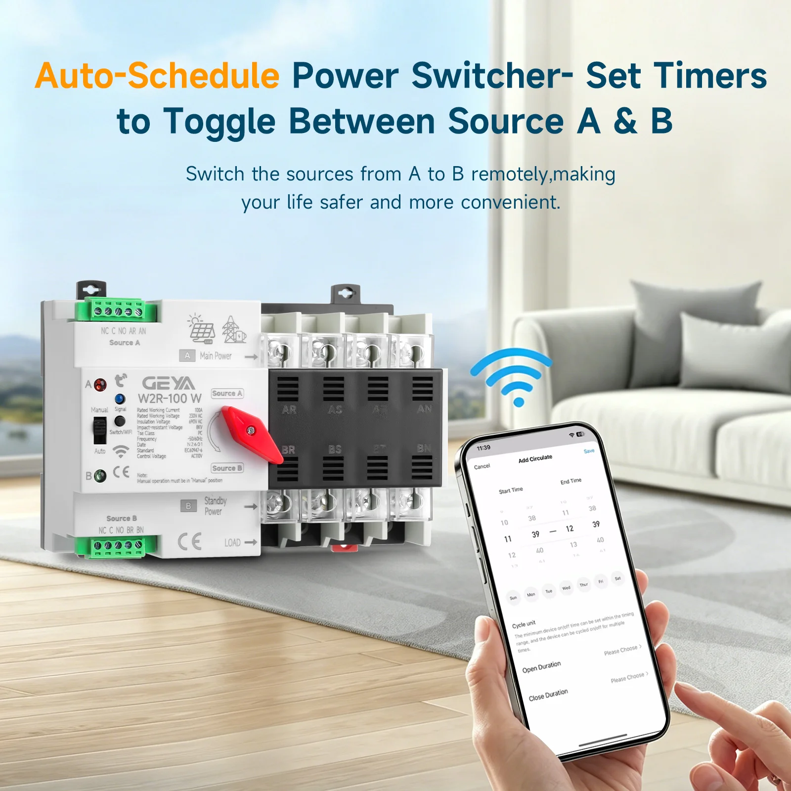 GEYA WIFI Smart ATS 4P 230V AC Dual Power Automatic Transfer Switch Uninterrupted Remote Control System PV/Inverter 63A 100A