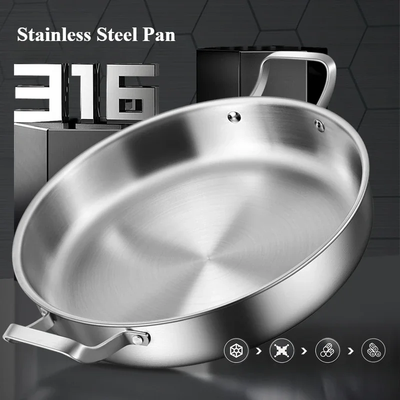 34/36cm 316 Stainless Steel Skillet Non-stick Non-coated Skillet Induction Two-ear Cooker Pancake Steak Pan