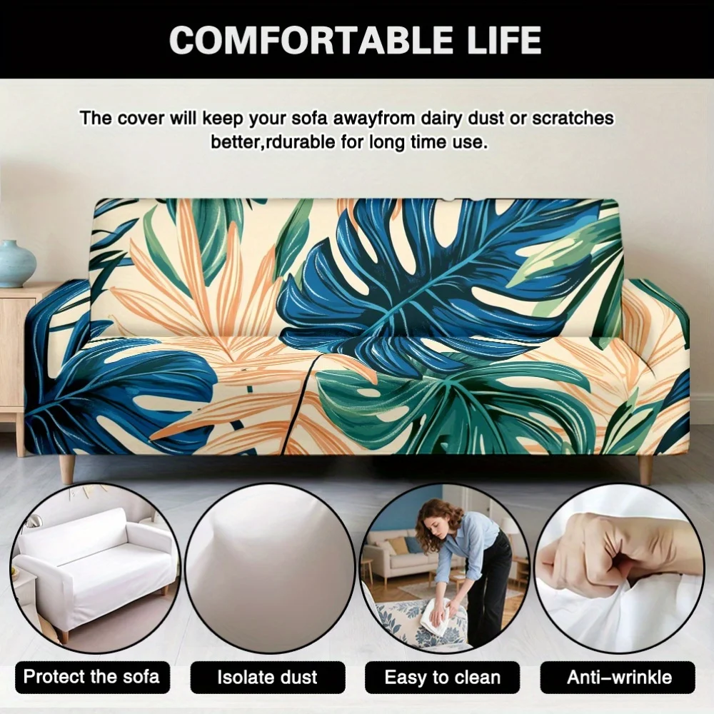 1pc Watercolor Palm Leaf Monstera Pattern Print Stretch Sofa Cover, Removable Washable Furniture Protector for Living Room