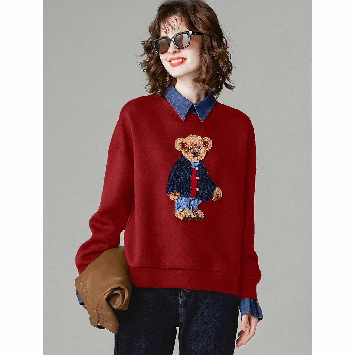 LOUIS YAO Women's Sweatshirts 2024 Spring Heavy Applique Embroidered Bear College Style Denim Splicing Fake Two-piece Hoodies