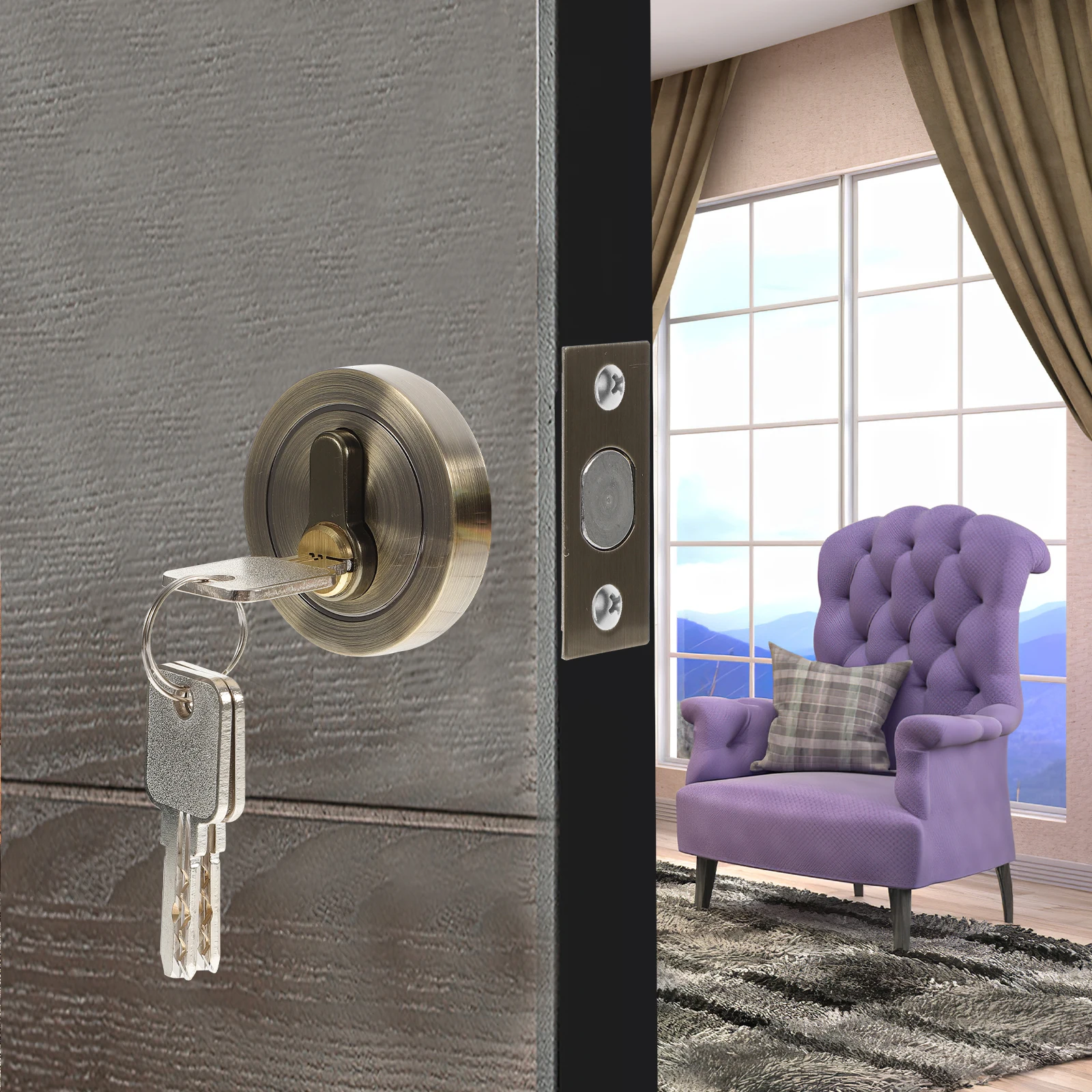

Cylinder with Keys Circular Door Lock Keyed Deadbolt Security Zinc Alloy Travel