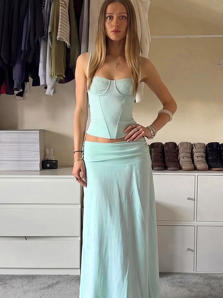 

Sistrlinda Chic Elegant 2-Piece Set Women Women Low-Neck Fake Fishbone Decoration Skinny Camisole+Folds Simple Skirt Summer Suit