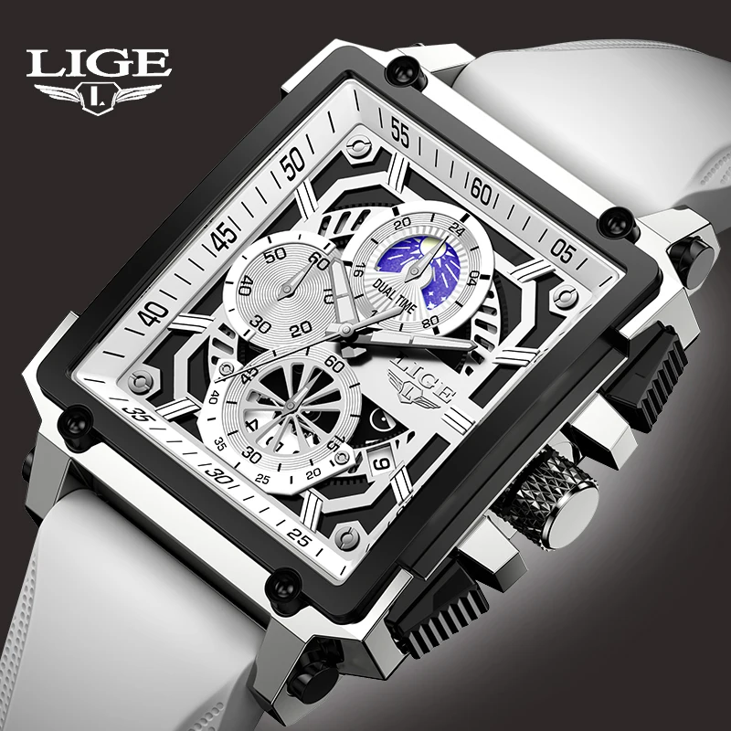 

LIGE Luxury Mens Watch Military Sport Calendar Quartz Watches for Men Waterproof Moon Phase White Silicone Man Watch Chronograph