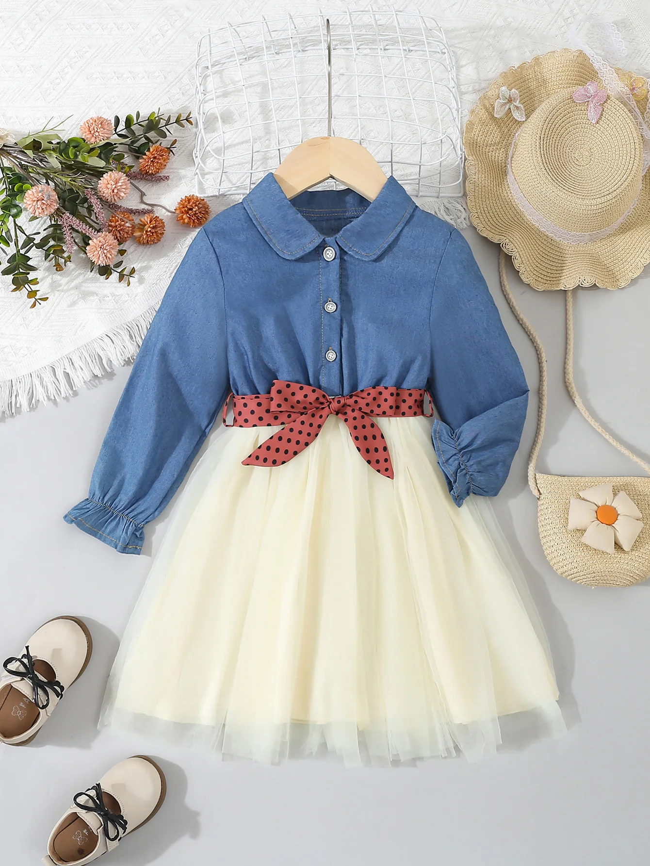 Young Girl Elegant Princess Style Mesh Splice Dress With Polka Dot Belt