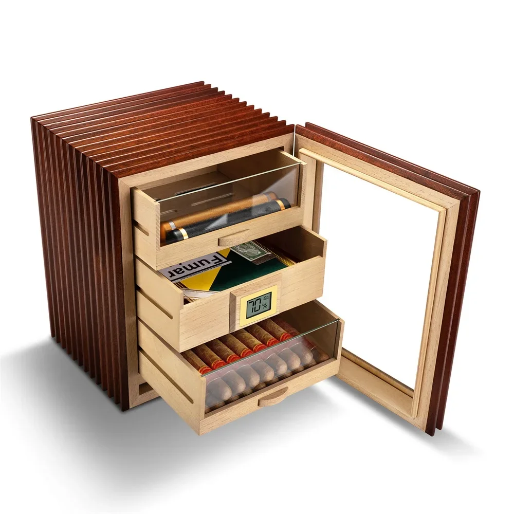 Large Capacity Cigar Humidor Cedar Wood Cigarette Case Holds 55/115 Cigars Multi-Drawer with Hygrometer Humidifier