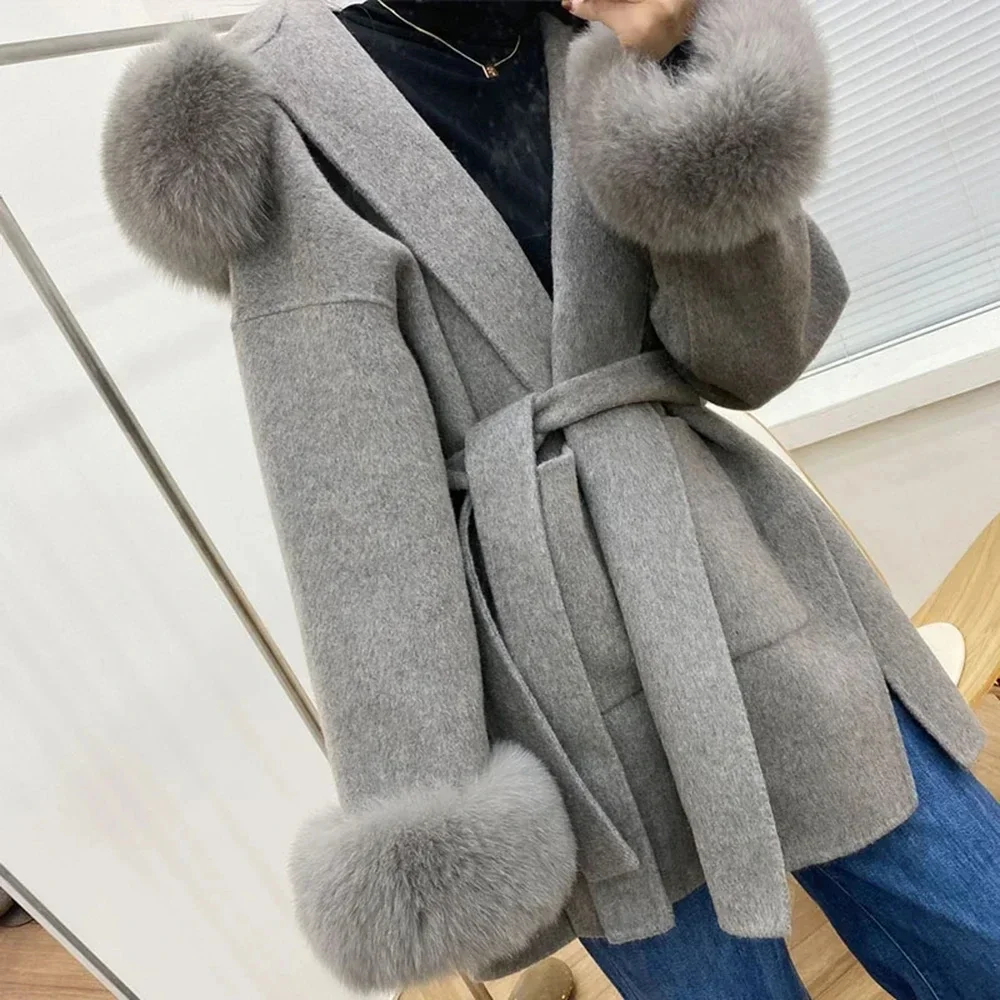 Fashion Faced Wool Ladies 2024 Winter Jacket Hooded coats Women Luxurious Real Fox Fur Coat Lose Clothing Cashmere Double