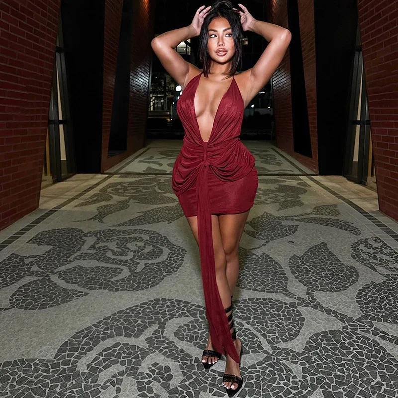 V-Ausschnitt, rückenfrei, Abendkleid, Club, Krawattenknoten, Kleider 2022, Damen, Sommer, Neckholder, sexy, figurbetont, Mini-Party, elegantes Abendkleid