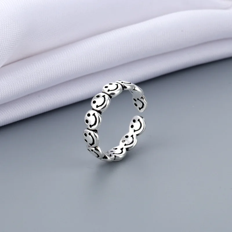 Vintage smiling ring smiling face ring, plated with S925 pure silver, for both men and women, a couple's open ring.