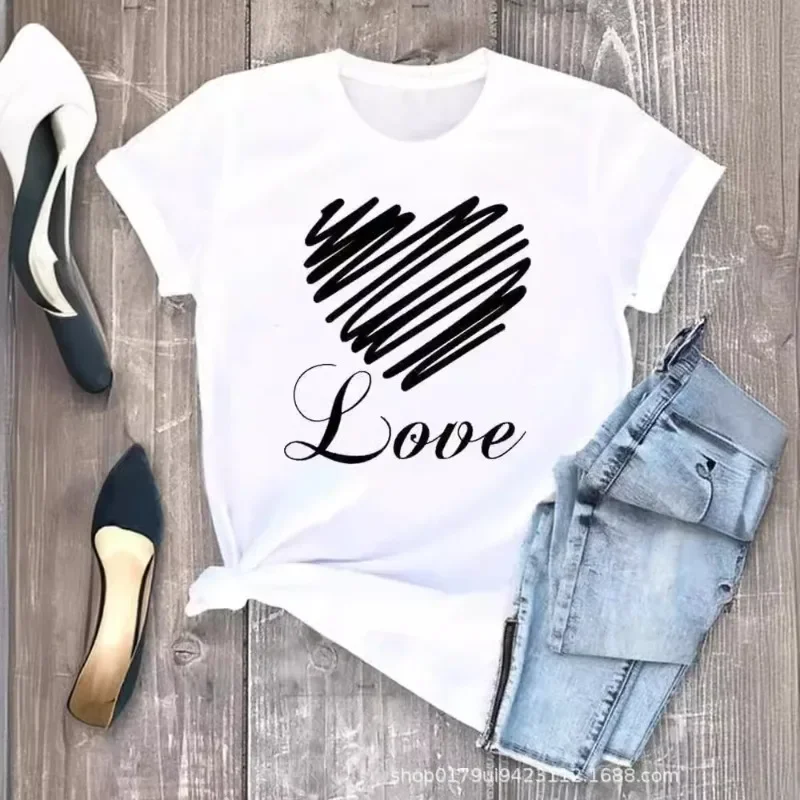 Spring New Creative Heart Cartoon Valentine's Day LOVE Printed Women's Short-sleeved T-shirt Tops  Harajuku  Graphic T Shirts