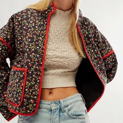 Women Fashion Stand Collar Loose Short Coats Autumn Causal Long Sleeve Padded Outerwear Winter Elegant Floral Print Jackets Tops