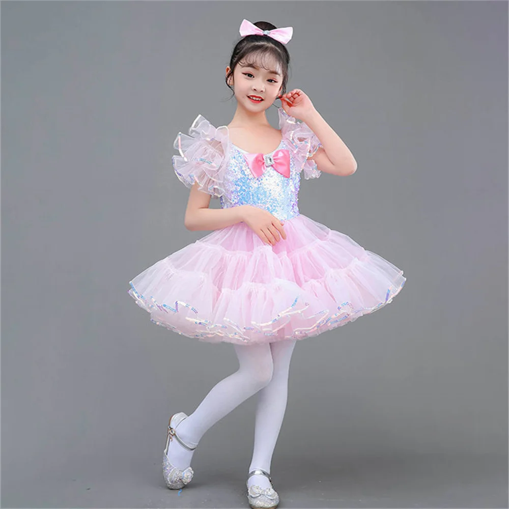 Tutú de Ballet profesional clásico para niños, vestido de princesa con lentejuelas, trajes de escenario de Ballet rosa para niñas, vestido de espectáculo para niñas