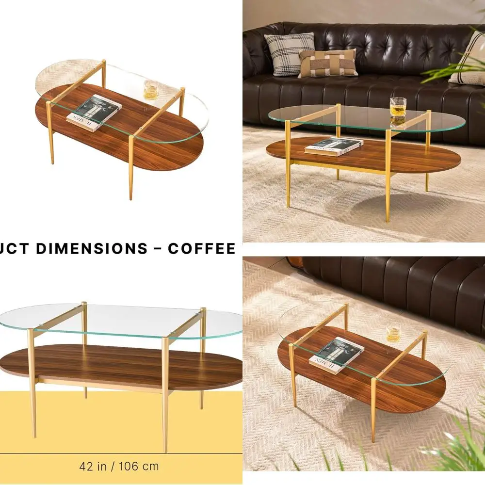 

Mid-Century Walnut 2-Tier Glass Top Coffee Table, 42, Modern Living Room Furniture