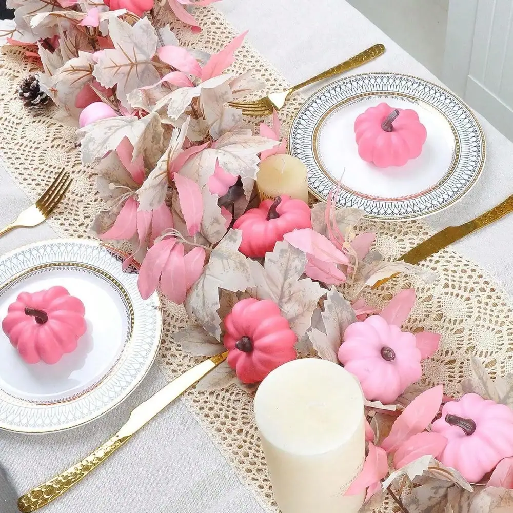 Pink Pumpkin Garlands Halloween Decorations 5.6FT Artificial Maple Leaf Vines Hanging Garland Thanksgiving Fall Mantle Fireplace Decor (Pink, 68 Inches) - view 4