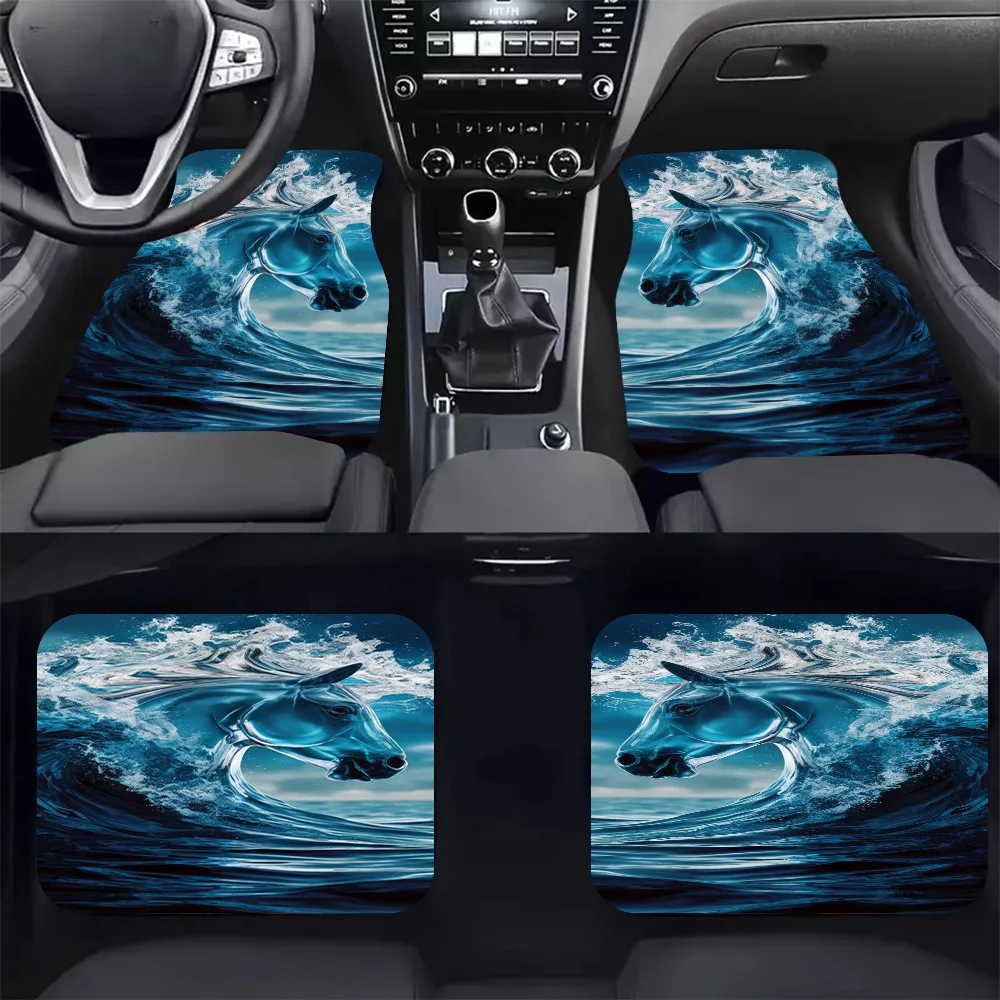 Lot de 4 tapis de sol de voiture au design Wave Horse Majesty - Chic, faciles à entretenir, compatibles avec tous les types de véhicules, durables