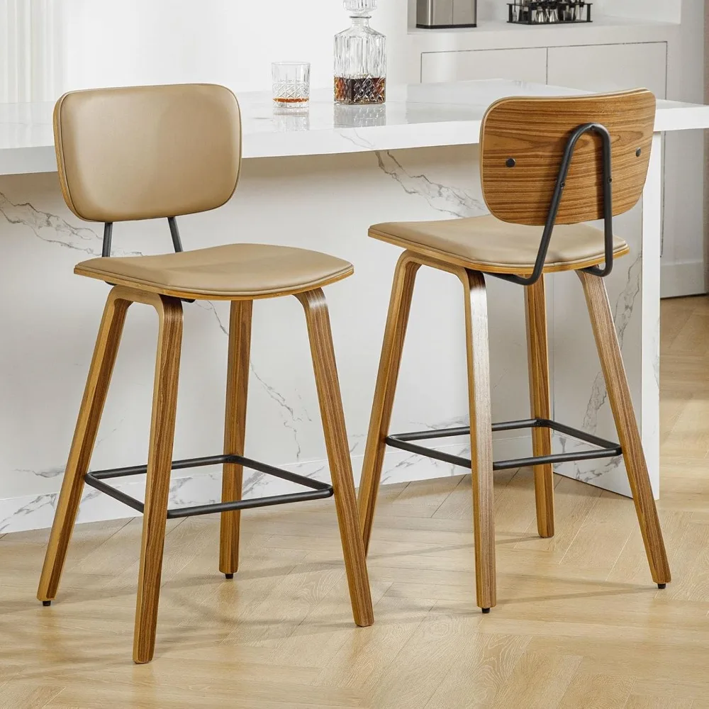 

Counter Height Bar Stools Set of 2, PU Leather Upholstered Barstools with Backs, Bent Wood Legs, 26 Inch Seat Height,