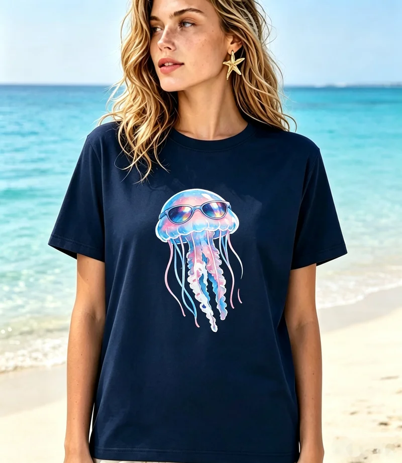 Fashion Cool Jellyfish With Sunglasses Art T Shirt Navy Blue Base Premium Cotton Short Sleeve Marine Enthusiast Summer Beach Tee