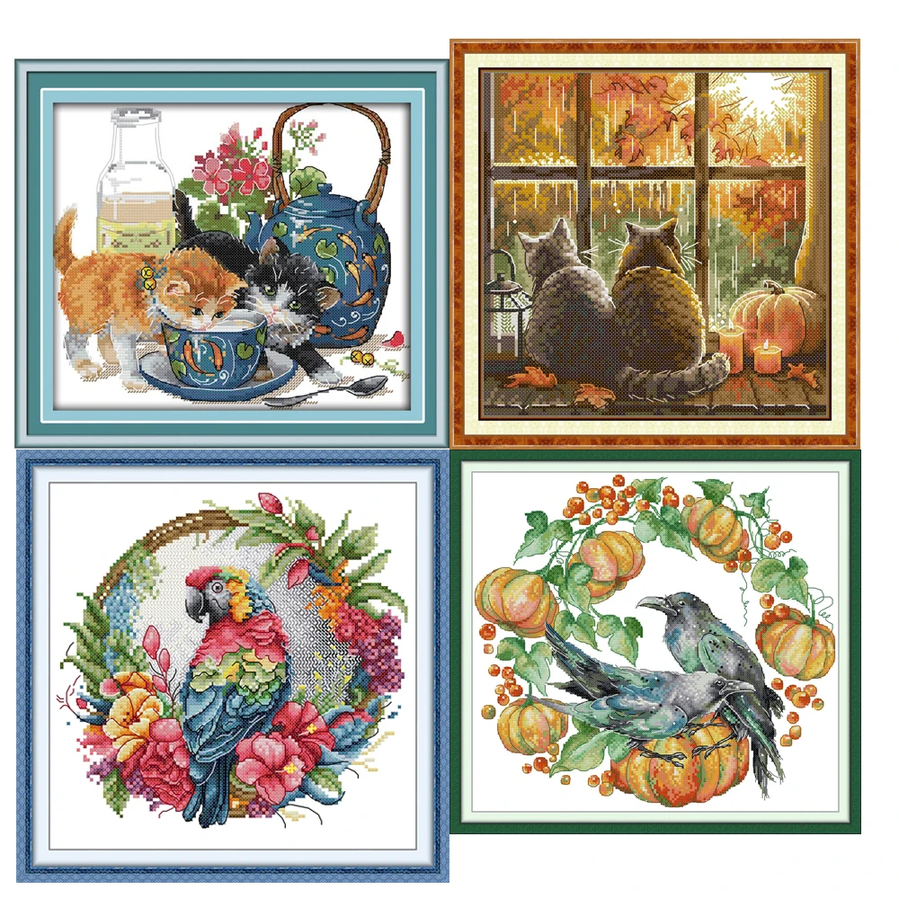 Joy Sunday Animals Patterns Cross Stitch Kit 16/14/11CT DMC Thread Counted Printed Canvas DIY Embroidery for Adults Needlework