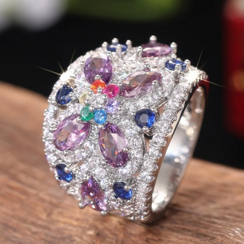 Huitan Creative Rings with Colorful Cubic Zirconia Charming Noble Finger Accessories for Women Attractive Gorgeous Party Jewelry