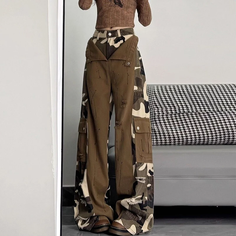 Camouflage Cargo Jeans Women Autumn Winter Streetwear Fake Two Piece Denim Pants Vintage Y2K Harajuku Patchwork Wide Leg Trouser